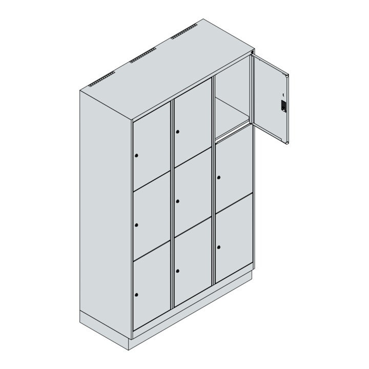 C+P Schließfachschrank Classic PLUS, Sockel, 3 Abteile, 1950x1200x500mm, 7035/30 Innenhöhe Gefach oben (oberes 599 mm Front RAL 3003 Rubinrot