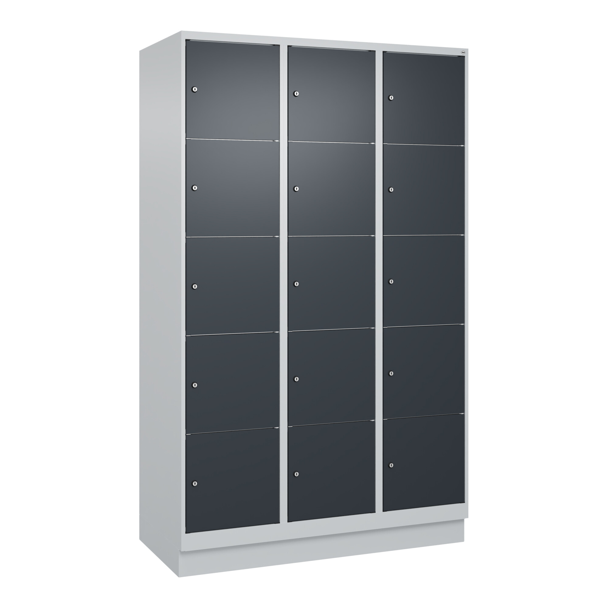C+P Schließfachschrank Classic PLUS, Sockel, 3 Abteile, 1950x1200x500mm, 7035/70 Innenhöhe Gefach oben (oberes 365 mm Front RAL 7016 Anthrazitgrau ; C