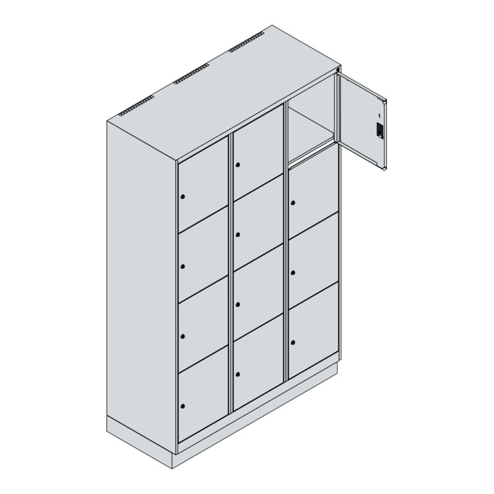 C+P Schließfachschrank Classic PLUS, Sockel, 3 Abteile, 1950x1200x500mm, 7035/70 Innenhöhe Gefach oben (oberes 453 mm Front RAL 7016 Anthrazitgrau