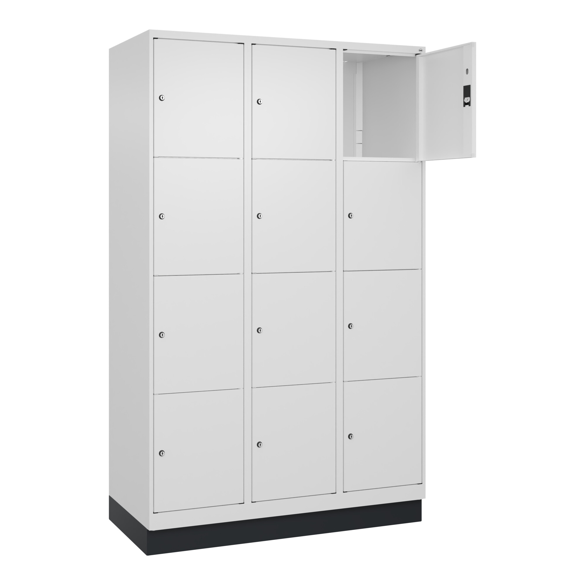 C+P Schließfachschrank Classic PLUS, Sockel, 3 Abteile, 1950x1200x500mm, 9016/90 Innenhöhe Gefach oben (oberes 453 mm Front RAL 9016 Verkehrsweiß ; C