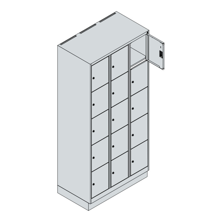 C+P Schließfachschrank Classic PLUS, Sockel, 3 Abteile, 1950x900x500mm, 7035/002 Innenhöhe Gefach oben (oberes 365 mm Front 1108060 RDS Viridingrün
