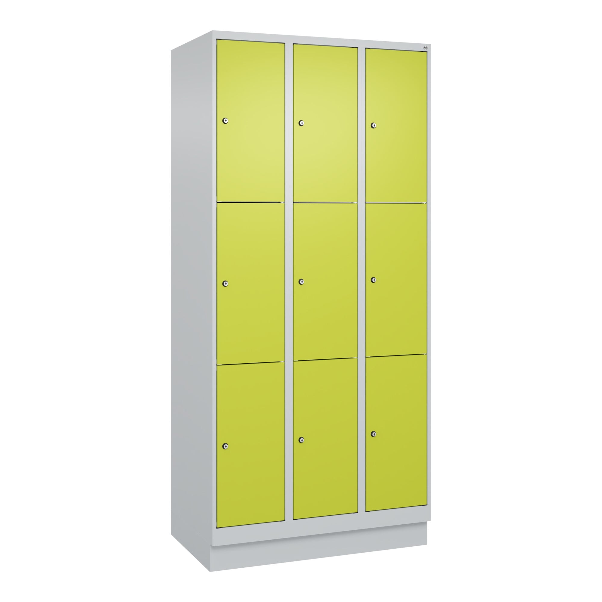 C+P Schließfachschrank Classic PLUS, Sockel, 3 Abteile, 1950x900x500mm, 7035/002 Innenhöhe Gefach oben (oberes 599 mm Front 1108060 RDS Viridingrün ;