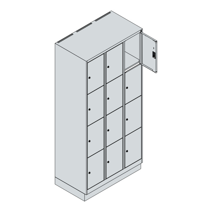 C+P Schließfachschrank Classic PLUS, Sockel, 3 Abteile, 1950x900x500mm, 7035/302 Innenhöhe Gefach oben (oberes 453 mm Front RAL 3020 Verkehrsrot