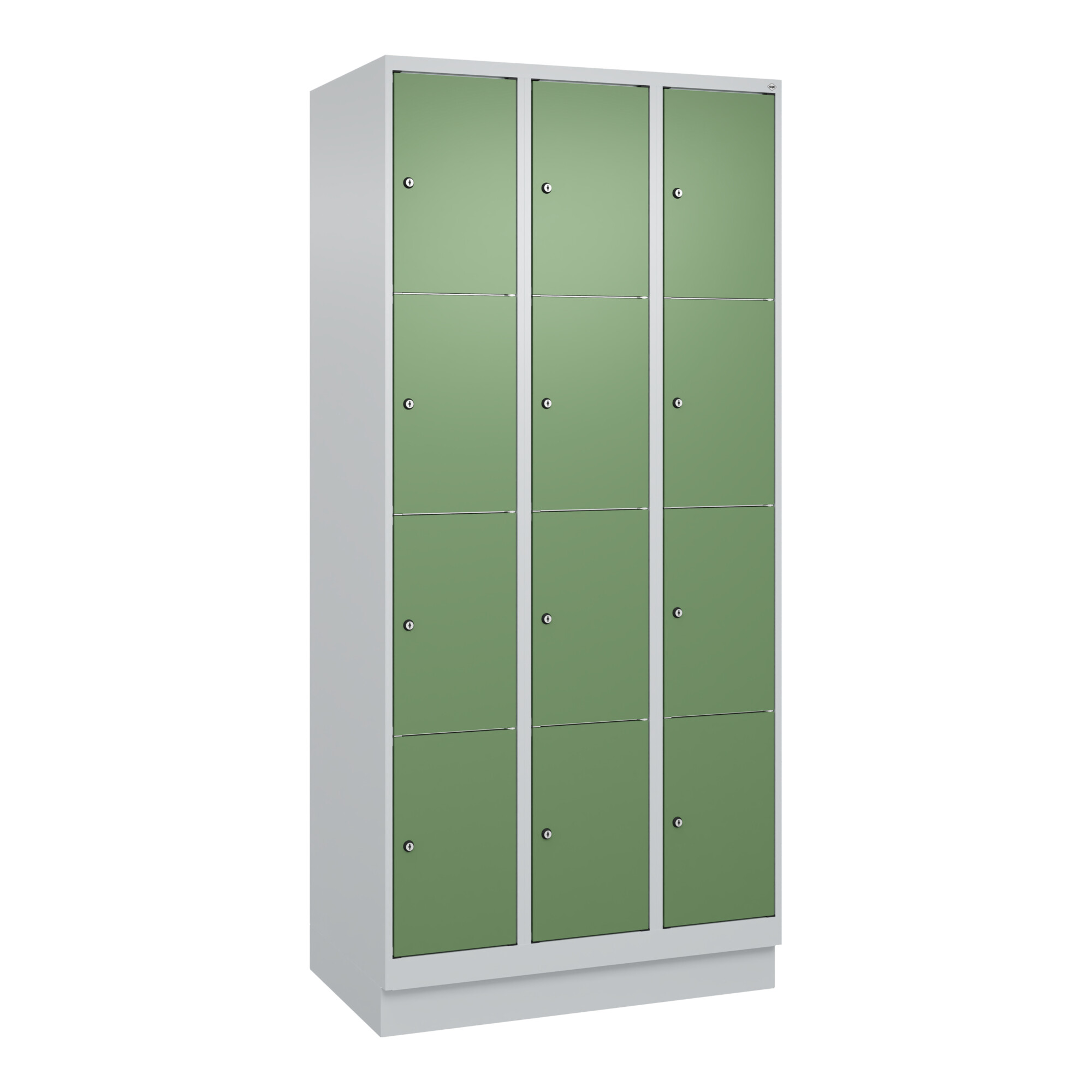 C+P Schließfachschrank Classic PLUS, Sockel, 3 Abteile, 1950x900x500mm, 7035/601 Innenhöhe Gefach oben (oberes 453 mm Front RAL 6011 Resedagrün ; C +