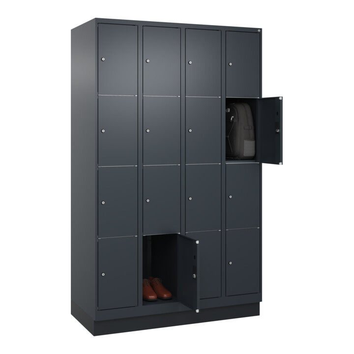 C+P Schließfachschrank Classic PLUS, Sockel, 4 Abteile, 1950x1200x500mm, 7016/70 Innenhöhe Gefach oben (oberes 453 mm Front RAL 7016 Anthrazitgrau