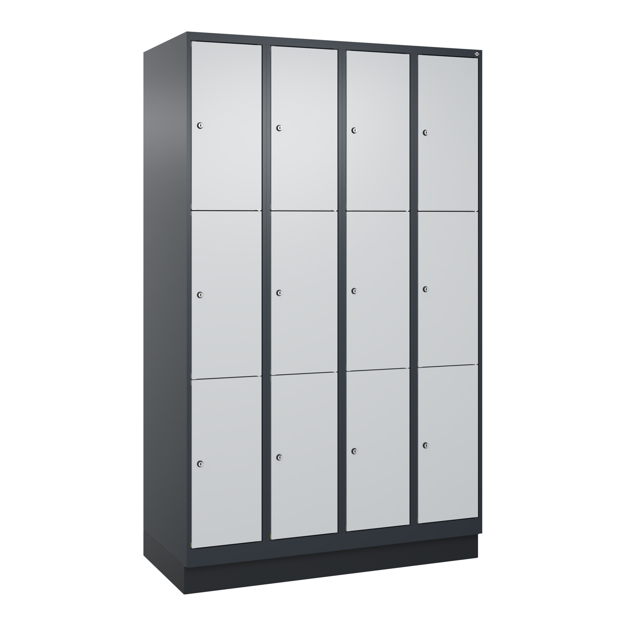 C+P Schließfachschrank Classic PLUS, Sockel, 4 Abteile, 1950x1200x500mm, 7016/70 Innenhöhe Gefach oben (oberes 599 mm Front RAL 7035 Lichtgrau ; C + P