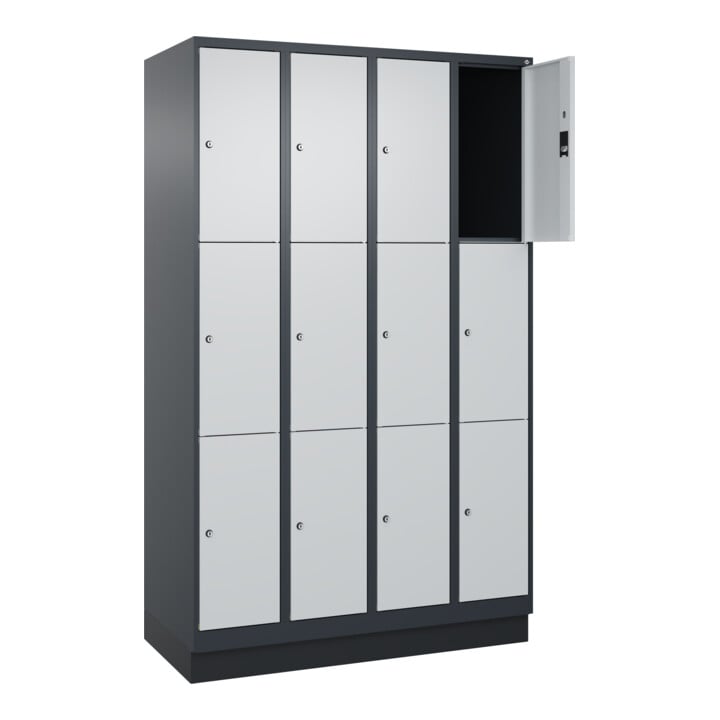 C+P Schließfachschrank Classic PLUS, Sockel, 4 Abteile, 1950x1200x500mm, 7016/70 Innenhöhe Gefach oben (oberes 599 mm Front RAL 7035 Lichtgrau