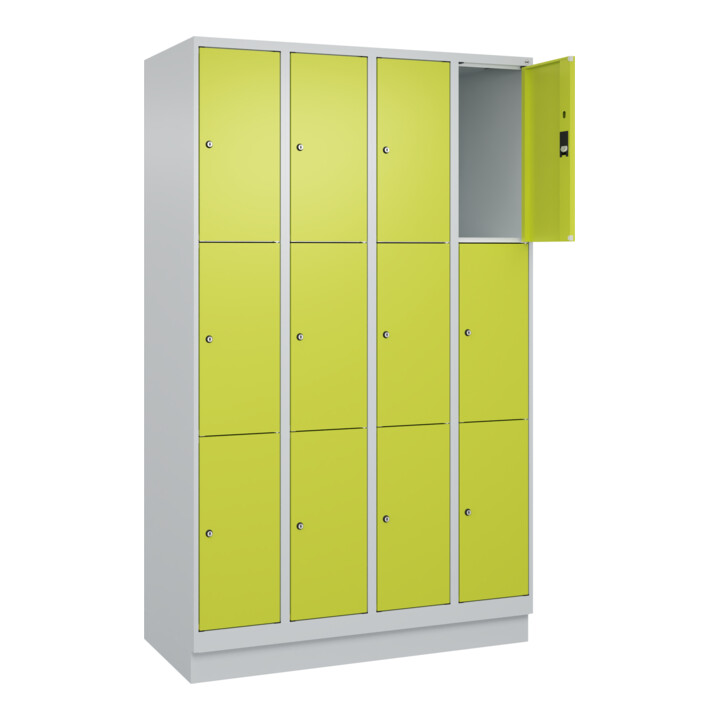 C+P Schließfachschrank Classic PLUS, Sockel, 4 Abteile, 1950x1200x500mm, 7035/00 Innenhöhe Gefach oben (oberes 599 mm Front 1108060 RDS Viridingrün