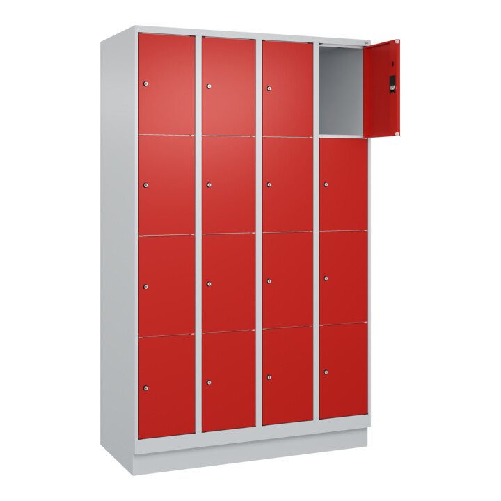 C+P Schließfachschrank Classic PLUS, Sockel, 4 Abteile, 1950x1200x500mm, 7035/30 Innenhöhe Gefach oben (oberes 453 mm Front RAL 3020 Verkehrsrot