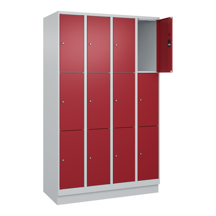 C+P Schließfachschrank Classic PLUS, Sockel, 4 Abteile, 1950x1200x500mm, 7035/30 Innenhöhe Gefach oben (oberes 599 mm Front RAL 3003 Rubinrot
