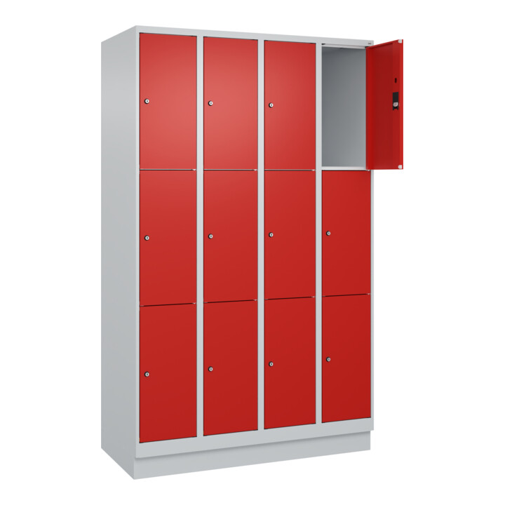 C+P Schließfachschrank Classic PLUS, Sockel, 4 Abteile, 1950x1200x500mm, 7035/30 Innenhöhe Gefach oben (oberes 599 mm Front RAL 3020 Verkehrsrot