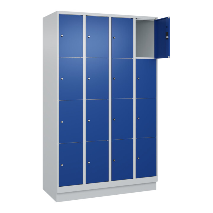 C+P Schließfachschrank Classic PLUS, Sockel, 4 Abteile, 1950x1200x500mm, 7035/50 Innenhöhe Gefach oben (oberes 453 mm Front RAL 5010 Enzianblau