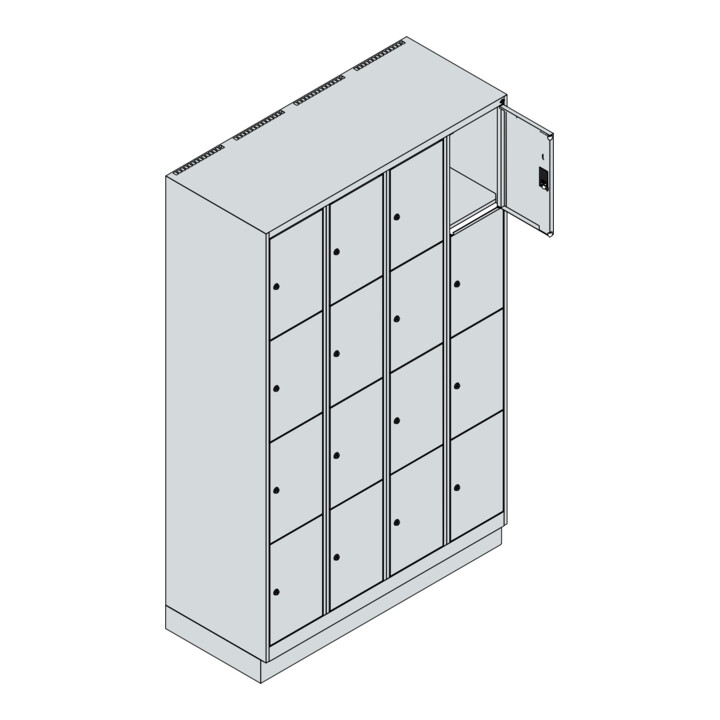 C+P Schließfachschrank Classic PLUS, Sockel, 4 Abteile, 1950x1200x500mm, 7035/50 Innenhöhe Gefach oben (oberes 453 mm Front RAL 5012 Lichtblau