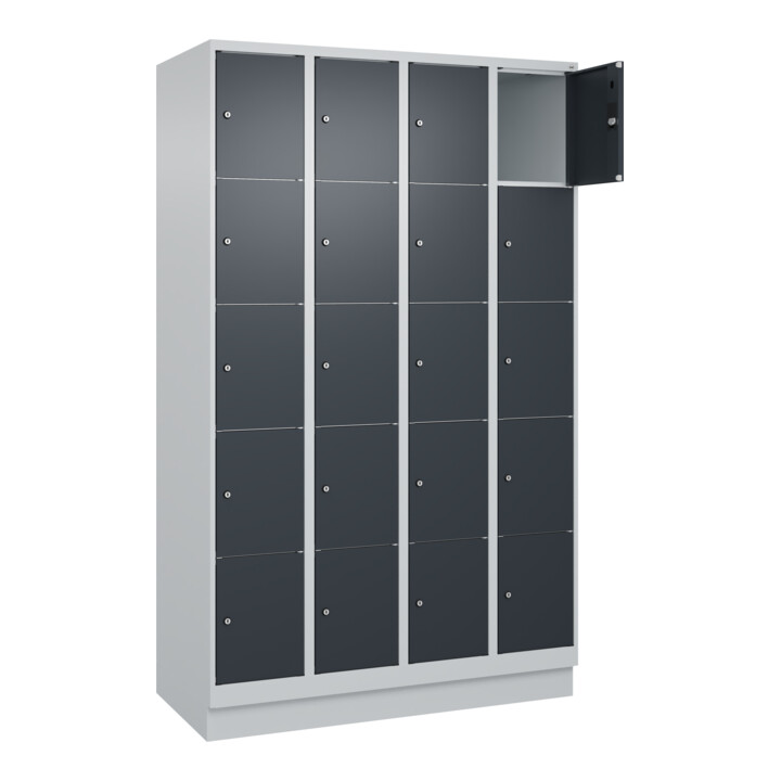 C+P Schließfachschrank Classic PLUS, Sockel, 4 Abteile, 1950x1200x500mm, 7035/70 Innenhöhe Gefach oben (oberes 365 mm Front RAL 7016 Anthrazitgrau