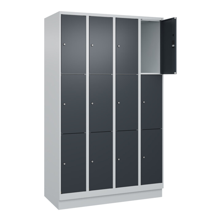 C+P Schließfachschrank Classic PLUS, Sockel, 4 Abteile, 1950x1200x500mm, 7035/70 Innenhöhe Gefach oben (oberes 599 mm Front RAL 7016 Anthrazitgrau