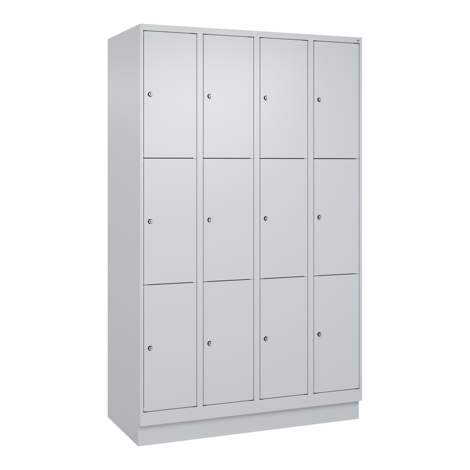 C+P Schließfachschrank Classic PLUS, Sockel, 4 Abteile, 1950x1200x500mm, 7035/70 Innenhöhe Gefach oben (oberes 599 mm Front RAL 7035 Lichtgrau ; C + P