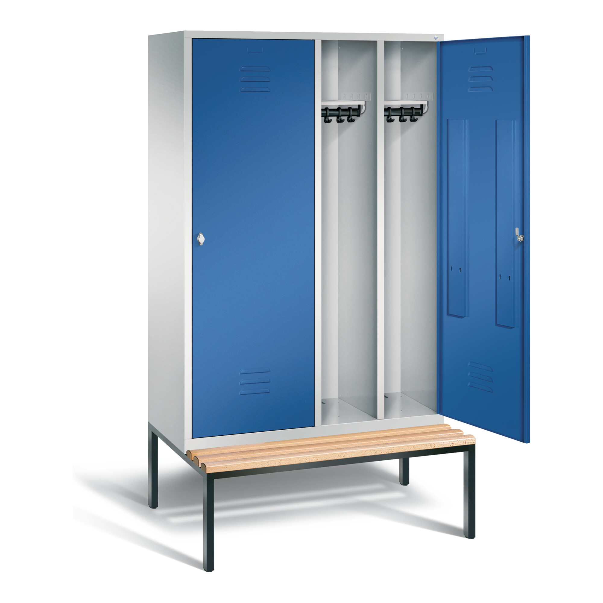 C+P Schwarz-Weiss-Spind Classic, H2090xB1190xT815mm, Front Enzianblau, Korpus Lichtgrau, Gestell Schwarzgrau (8250-40) ; C + P Möbelsysteme
