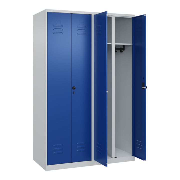 C+P Schwarz-Weiß-Spind Classic PLUS, 4 Abteile, 1850x1200x500mm, 7035/5010 Verschluss Sicherheits-Drehriegel