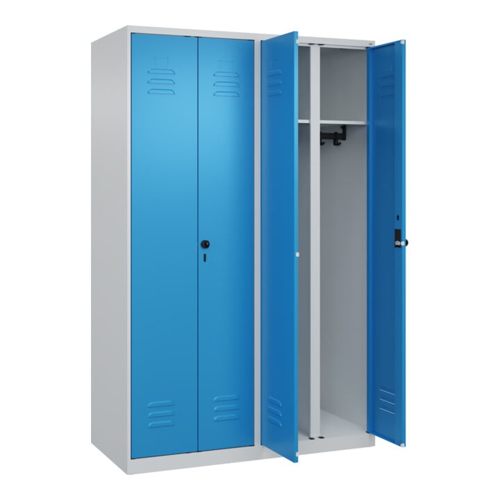 C+P Schwarz-Weiß-Spind Classic PLUS, 4 Abteile, 1850x1200x500mm, 7035/5012 Verschluss Sicherheits-Drehriegel