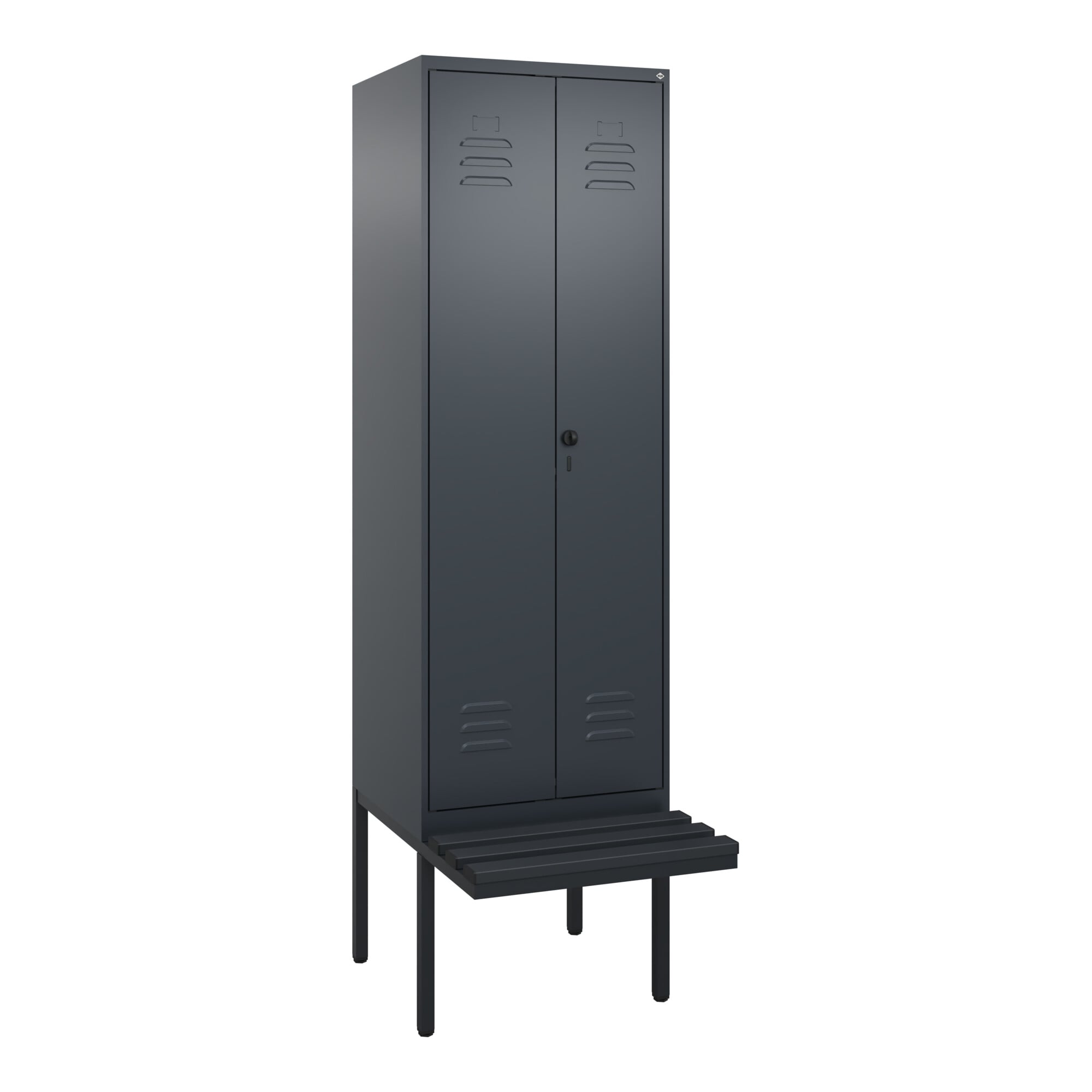 C+P Schwarz-Weiß-Spind Classic PLUS, Bank, 2 Abteile, 2120x600x815mm, 7016/7016, Verschluss Sicherheits-Drehriegel, Sitzbanktyp auskragend, Material S