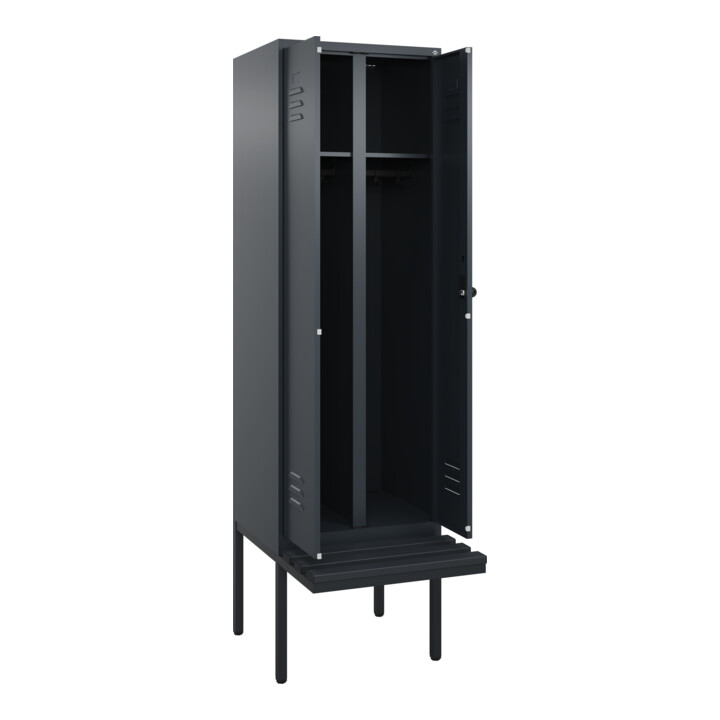 C+P Schwarz-Weiß-Spind Classic PLUS, Bank, 2 Abteile, 2120x600x815mm, 7016/7016, Verschluss Sicherheits-Drehriegel, Sitzbanktyp auskragend, Material Sitzfläche Kunststoff