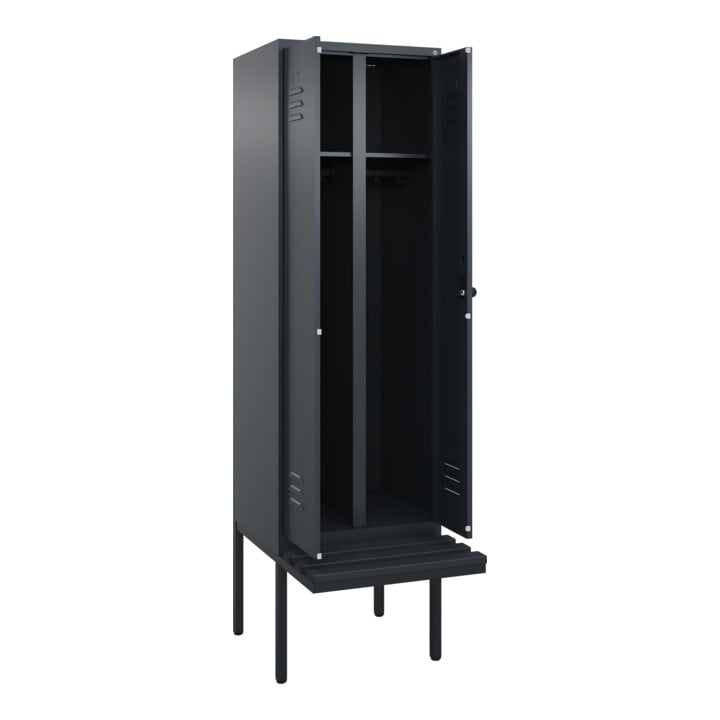 C+P Schwarz-Weiß-Spind Classic PLUS, Bank, 2 Abteile, 2120x600x815mm, 7016/7016, Verschluss Sicherheits-Drehriegel, Sitzbanktyp auskragend, Material Sitzfläche Kunststoff