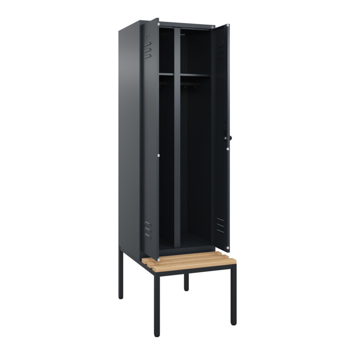 C+P Schwarz-Weiß-Spind Classic PLUS, Bank, 2 Abteile, 2120x600x815mm, 7016/7016, Verschluss Sicherheits-Drehriegel, Sitzbanktyp untergebaut, Material Sitzfläche Buche-Hartholz