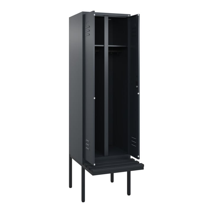 C+P Schwarz-Weiß-Spind Classic PLUS, Bank, 2 Abteile, 2120x600x815mm, 7016/7016, Verschluss Zylinderschloss, Sitzbanktyp auskragend, Material Sitzfläche Kunststoff