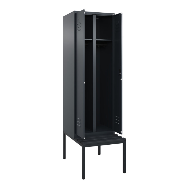 C+P Schwarz-Weiß-Spind Classic PLUS, Bank, 2 Abteile, 2120x600x815mm, 7016/7016, Verschluss Zylinderschloss, Sitzbanktyp untergebaut, Material Sitzfläche Kunststoff