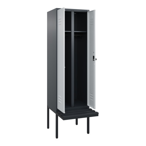 C+P Schwarz-Weiß-Spind Classic PLUS, Bank, 2 Abteile, 2120x600x815mm, 7016/7035, Verschluss Sicherheits-Drehriegel, Sitzbanktyp auskragend, Material Sitzfläche Kunststoff