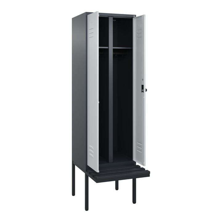 C+P Schwarz-Weiß-Spind Classic PLUS, Bank, 2 Abteile, 2120x600x815mm, 7016/7035, Verschluss Sicherheits-Drehriegel, Sitzbanktyp auskragend, Material Sitzfläche Kunststoff