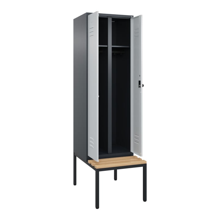 C+P Schwarz-Weiß-Spind Classic PLUS, Bank, 2 Abteile, 2120x600x815mm, 7016/7035, Verschluss Sicherheits-Drehriegel, Sitzbanktyp untergebaut, Material Sitzfläche Buche-Hartholz