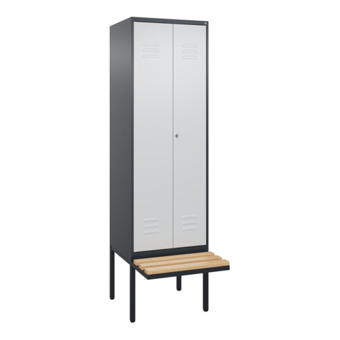 C+P Schwarz-Weiß-Spind Classic PLUS, Bank, 2 Abteile, 2120x600x815mm, 7016/7035, Verschluss Zylinderschloss, Sitzbanktyp auskragend, Material Sitzfläche Buche-Hartholz
