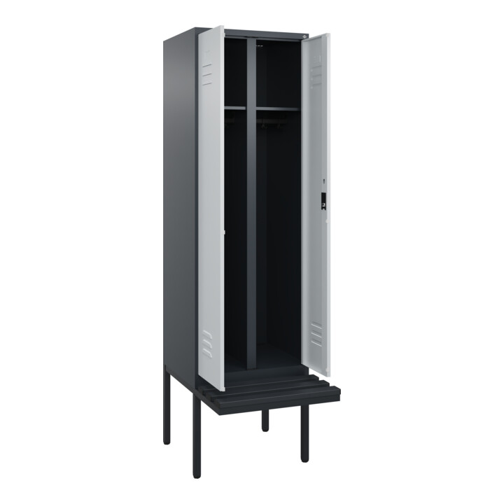 C+P Schwarz-Weiß-Spind Classic PLUS, Bank, 2 Abteile, 2120x600x815mm, 7016/7035, Verschluss Zylinderschloss, Sitzbanktyp auskragend, Material Sitzfläche Kunststoff