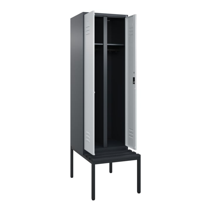 C+P Schwarz-Weiß-Spind Classic PLUS, Bank, 2 Abteile, 2120x600x815mm, 7016/7035, Verschluss Zylinderschloss, Sitzbanktyp untergebaut, Material Sitzfläche Kunststoff