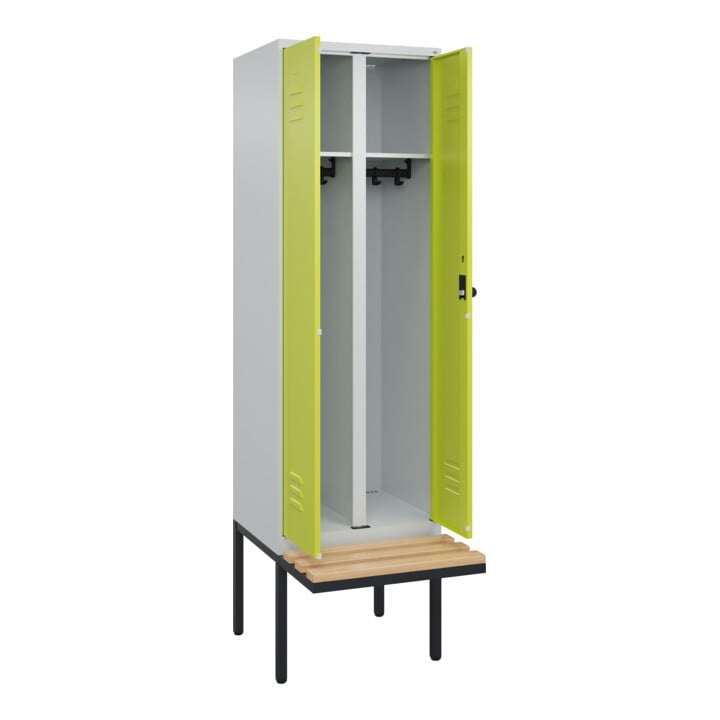 C+P Schwarz-Weiß-Spind Classic PLUS, Bank, 2 Abteile, 2120x600x815mm, 7035/0024, Verschluss Sicherheits-Drehriegel, Sitzbanktyp auskragend, Material Sitzfläche Buche-Hartholz