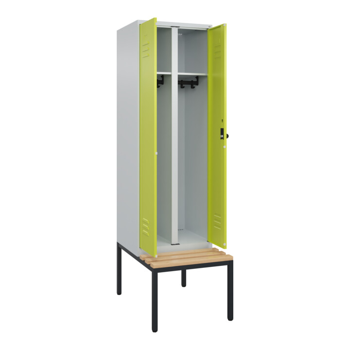 C+P Schwarz-Weiß-Spind Classic PLUS, Bank, 2 Abteile, 2120x600x815mm, 7035/0024, Verschluss Sicherheits-Drehriegel, Sitzbanktyp untergebaut, Material Sitzfläche Buche-Hartholz