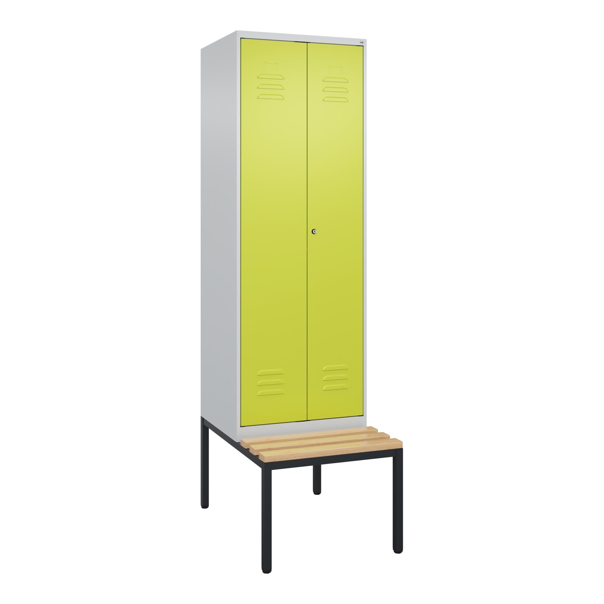 C+P Schwarz-Weiß-Spind Classic PLUS, Bank, 2 Abteile, 2120x600x815mm, 7035/0024, Verschluss Zylinderschloss, Sitzbanktyp untergebaut, Material Sitzflä