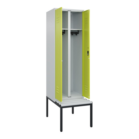 C+P Schwarz-Weiß-Spind Classic PLUS, Bank, 2 Abteile, 2120x600x815mm, 7035/0024, Verschluss Zylinderschloss, Sitzbanktyp untergebaut, Material Sitzfläche Kunststoff
