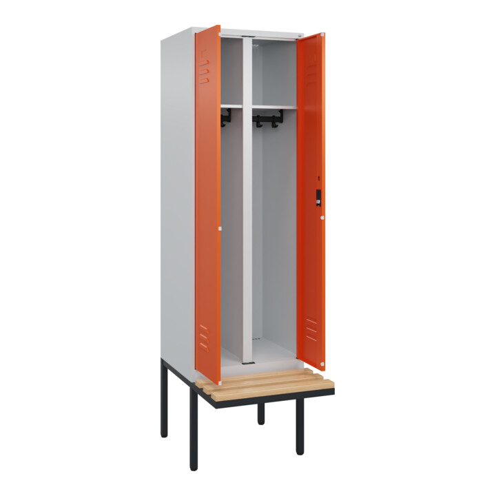 C+P Schwarz-Weiß-Spind Classic PLUS, Bank, 2 Abteile, 2120x600x815mm, 7035/2004, Verschluss Zylinderschloss, Sitzbanktyp auskragend, Material Sitzfläche Buche-Hartholz