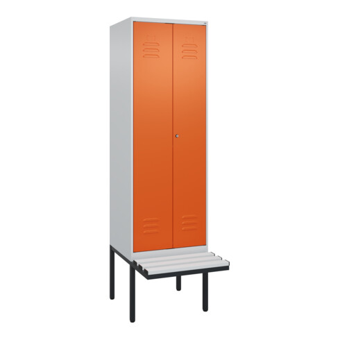 C+P Schwarz-Weiß-Spind Classic PLUS, Bank, 2 Abteile, 2120x600x815mm, 7035/2004, Verschluss Zylinderschloss, Sitzbanktyp auskragend, Material Sitzfläche Kunststoff
