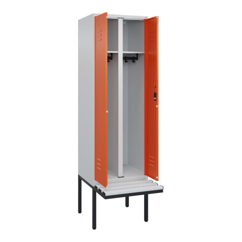 C+P Schwarz-Weiß-Spind Classic PLUS, Bank, 2 Abteile, 2120x600x815mm, 7035/2004, Verschluss Zylinderschloss, Sitzbanktyp auskragend, Material Sitzfläche Kunststoff