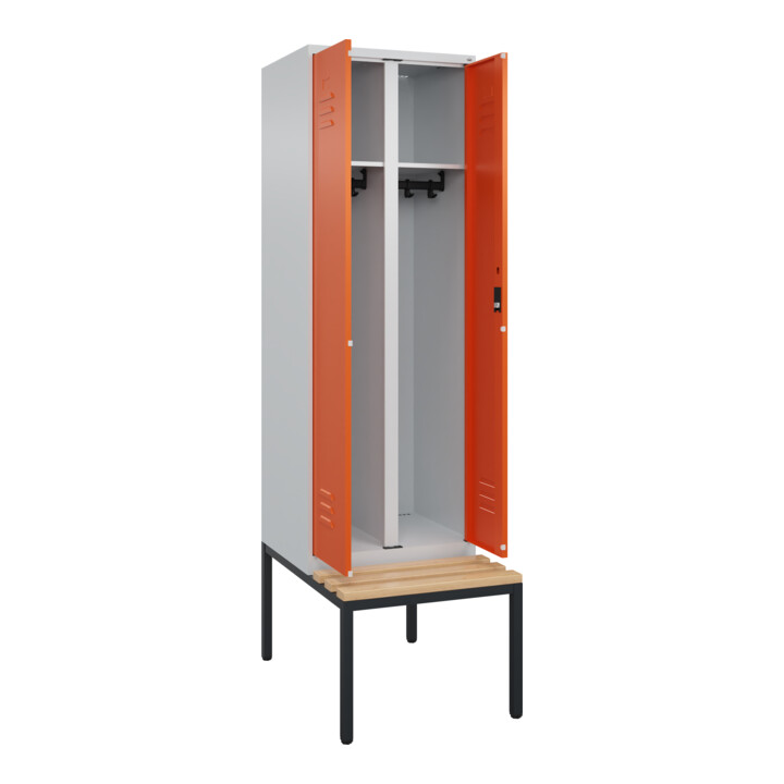 C+P Schwarz-Weiß-Spind Classic PLUS, Bank, 2 Abteile, 2120x600x815mm, 7035/2004, Verschluss Zylinderschloss, Sitzbanktyp untergebaut, Material Sitzfläche Buche-Hartholz