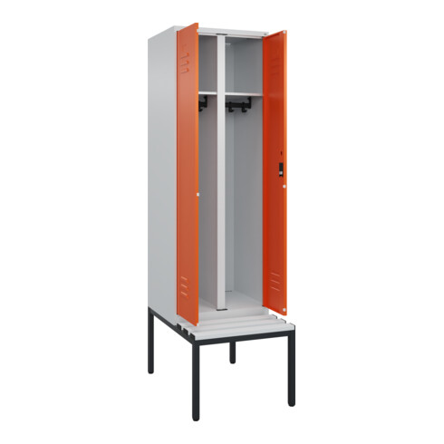 C+P Schwarz-Weiß-Spind Classic PLUS, Bank, 2 Abteile, 2120x600x815mm, 7035/2004, Verschluss Zylinderschloss, Sitzbanktyp untergebaut, Material Sitzfläche Kunststoff