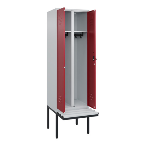 C+P Schwarz-Weiß-Spind Classic PLUS, Bank, 2 Abteile, 2120x600x815mm, 7035/3003, Verschluss Sicherheits-Drehriegel, Sitzbanktyp auskragend, Material Sitzfläche Kunststoff