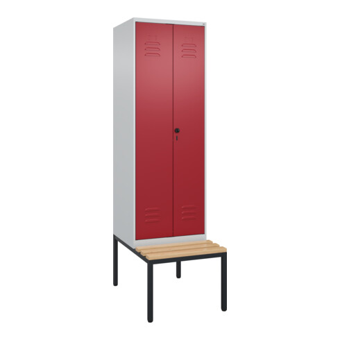 C+P Schwarz-Weiß-Spind Classic PLUS, Bank, 2 Abteile, 2120x600x815mm, 7035/3003, Verschluss Sicherheits-Drehriegel, Sitzbanktyp untergebaut, Material Sitzfläche Buche-Hartholz