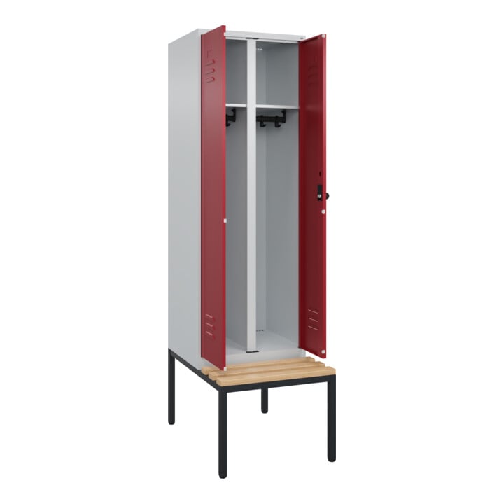 C+P Schwarz-Weiß-Spind Classic PLUS, Bank, 2 Abteile, 2120x600x815mm, 7035/3003, Verschluss Sicherheits-Drehriegel, Sitzbanktyp untergebaut, Material Sitzfläche Buche-Hartholz