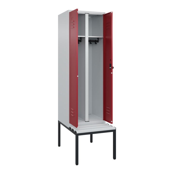 C+P Schwarz-Weiß-Spind Classic PLUS, Bank, 2 Abteile, 2120x600x815mm, 7035/3003, Verschluss Sicherheits-Drehriegel, Sitzbanktyp untergebaut, Material Sitzfläche Kunststoff