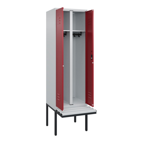C+P Schwarz-Weiß-Spind Classic PLUS, Bank, 2 Abteile, 2120x600x815mm, 7035/3003, Verschluss Zylinderschloss, Sitzbanktyp auskragend, Material Sitzfläche Kunststoff