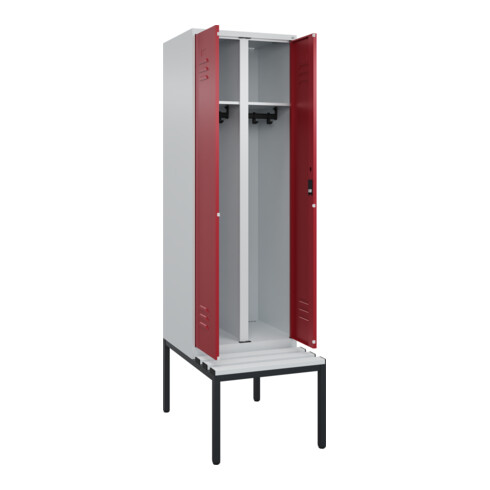 C+P Schwarz-Weiß-Spind Classic PLUS, Bank, 2 Abteile, 2120x600x815mm, 7035/3003, Verschluss Zylinderschloss, Sitzbanktyp untergebaut, Material Sitzfläche Kunststoff